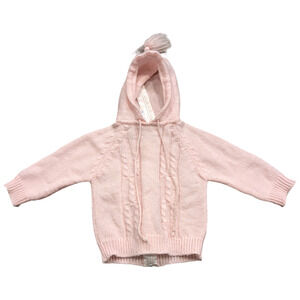 70's Youth Pink Knit Hooded Sweater with Pom Pom